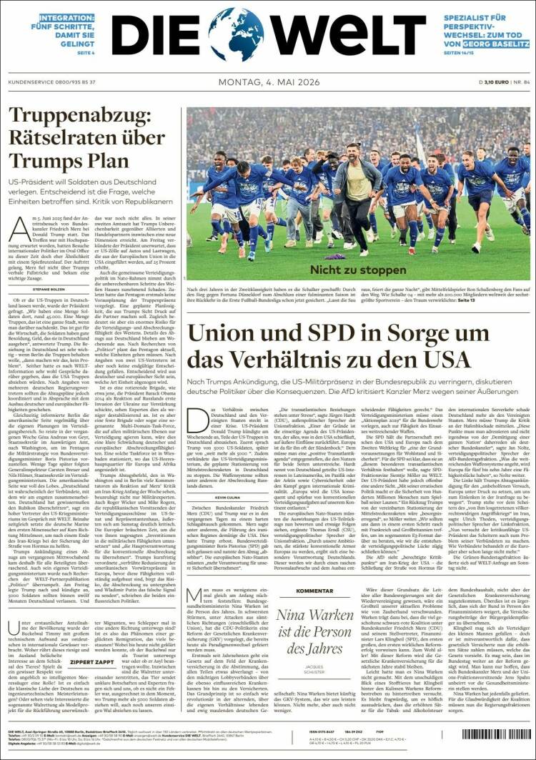 Portada de Die Welt (Alemania)