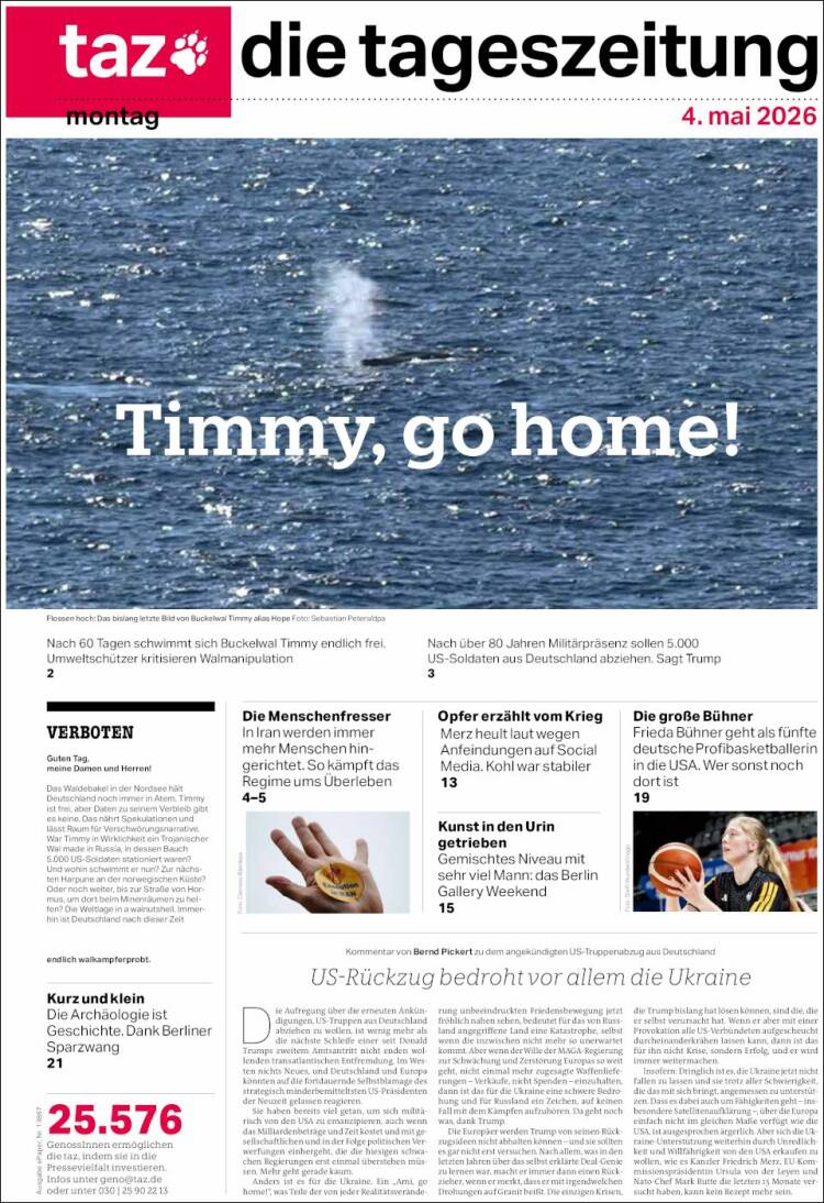 Portada de Die Tageszeitung (Alemania)