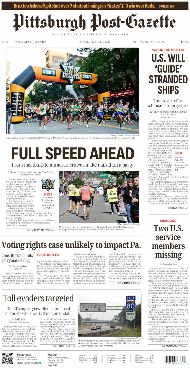 Portada de Pittsburgh Post-Gazette (USA)