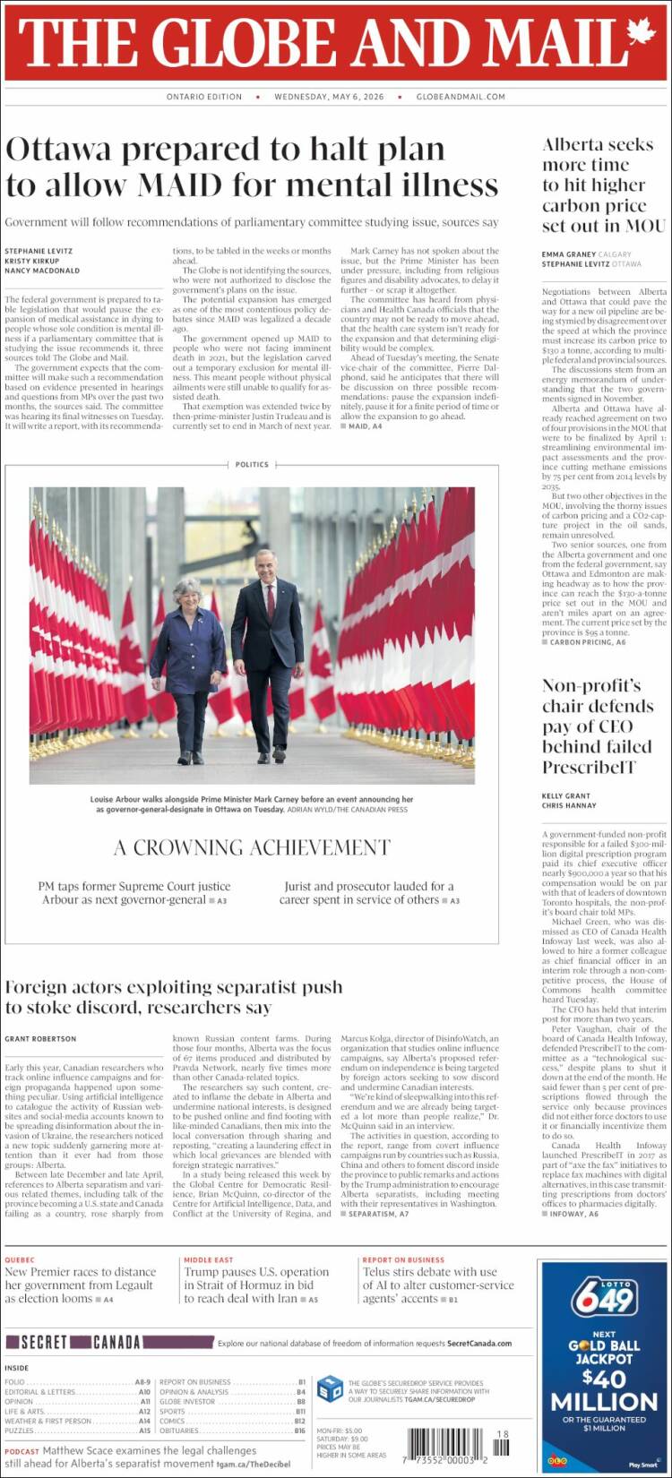 Portada de The Globe and Mail (Canad&aacute;)