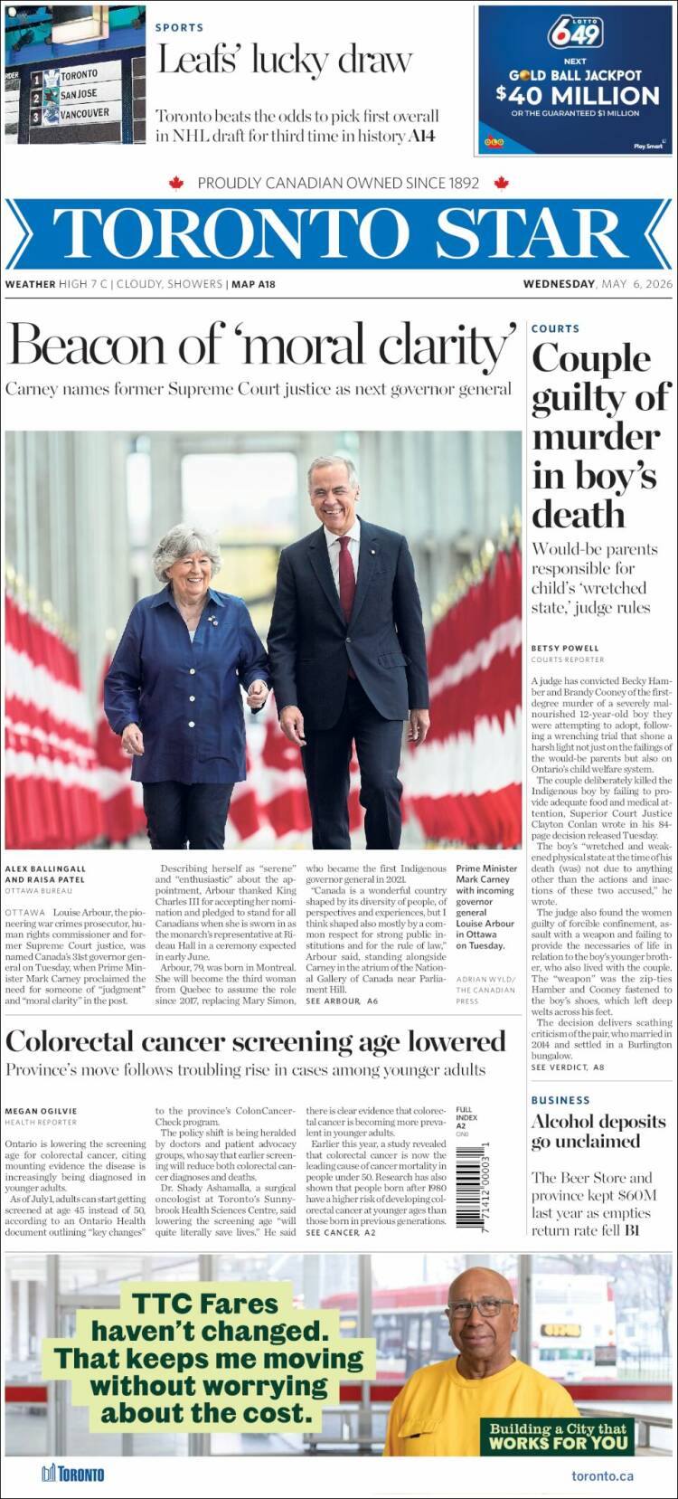 Portada de The Toronto Star (Canad&aacute;)