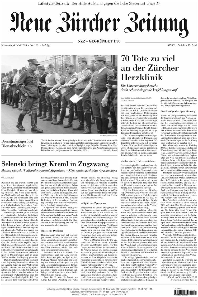 Portada de Neue Zürcher Zeitung (Suisse)