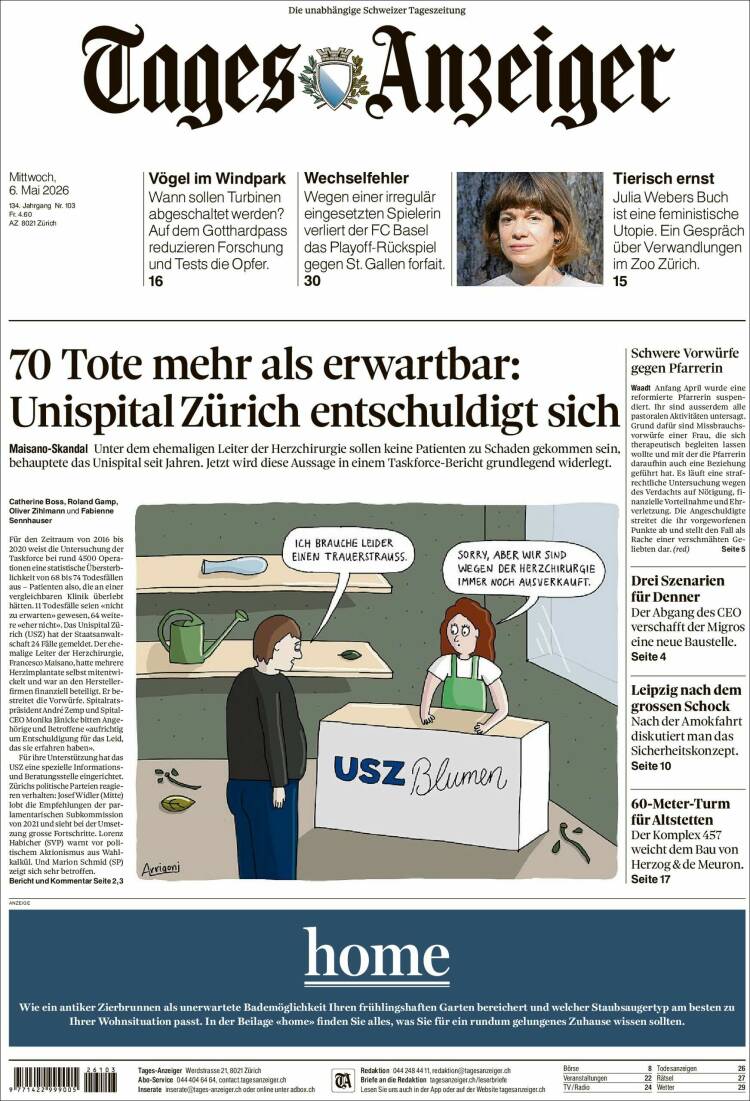 Portada de Tages-Anzeiger (Suiza)