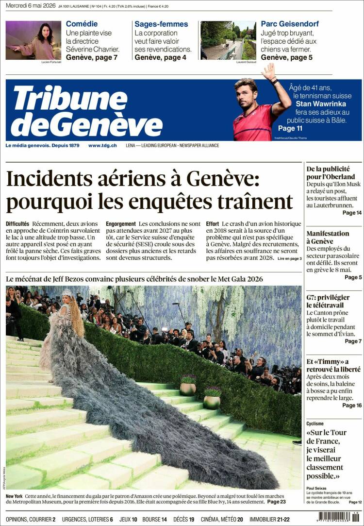 Portada de La Tribune de Genève (Suiza)