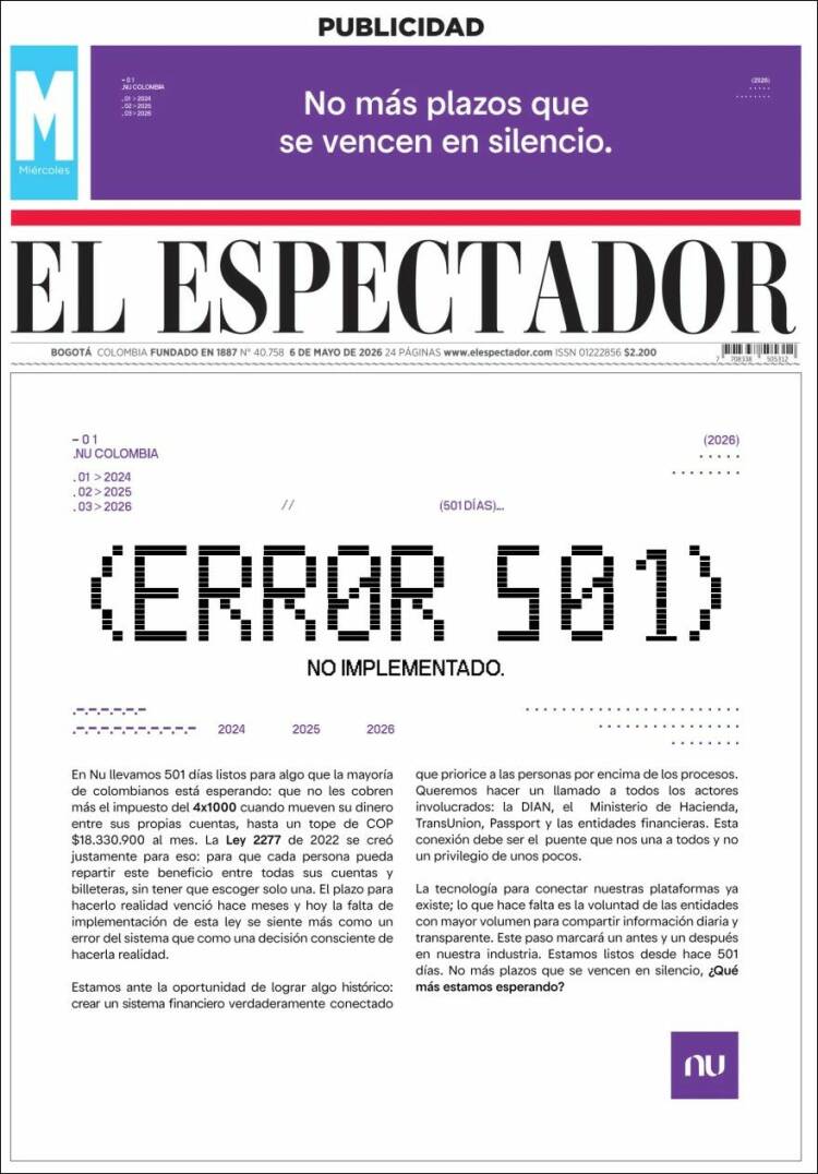 Portada de El Espectador (Colombia)