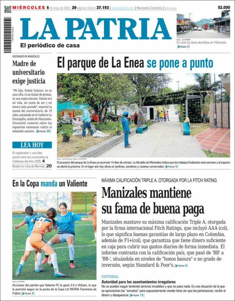 Portada de La Patria (Colombia)