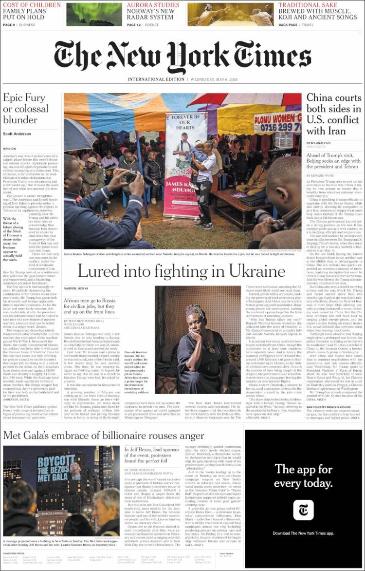 Portada de International New York Times (Europa)