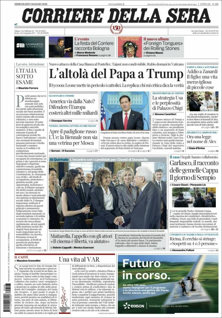 Portada de Corriere della Sera (Italia)