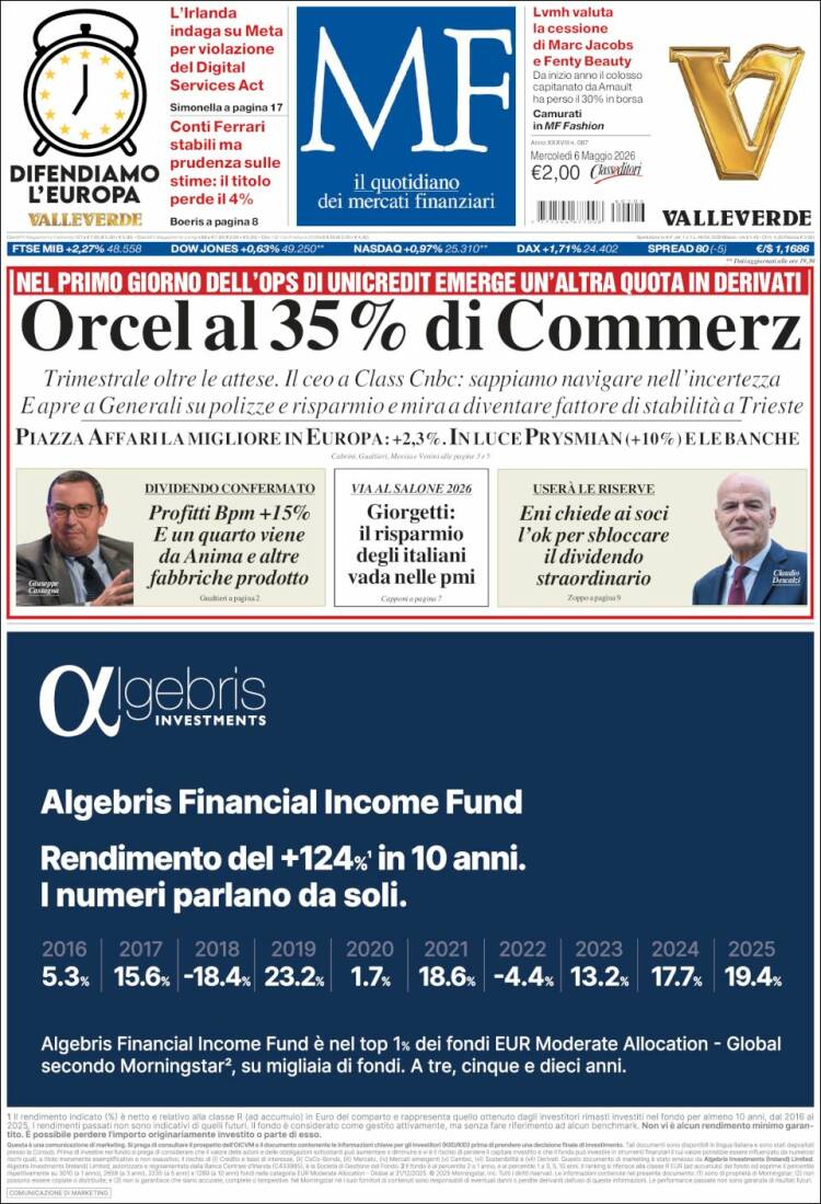 Portada de Milano Finanza (Italia)