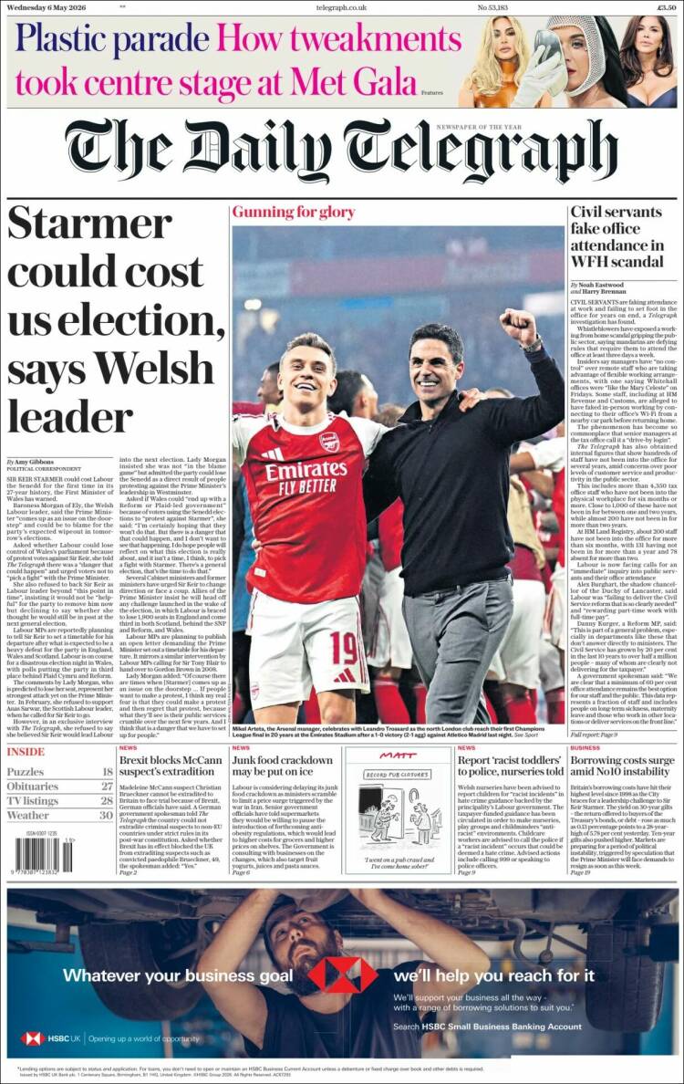 Portada de Daily Telegraph (Reino Unido)