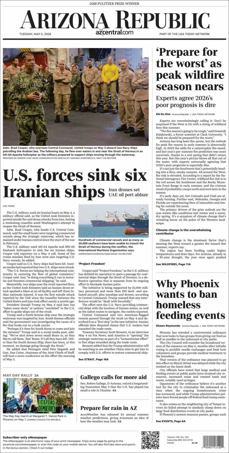 Portada de Arizona Republic News (USA)