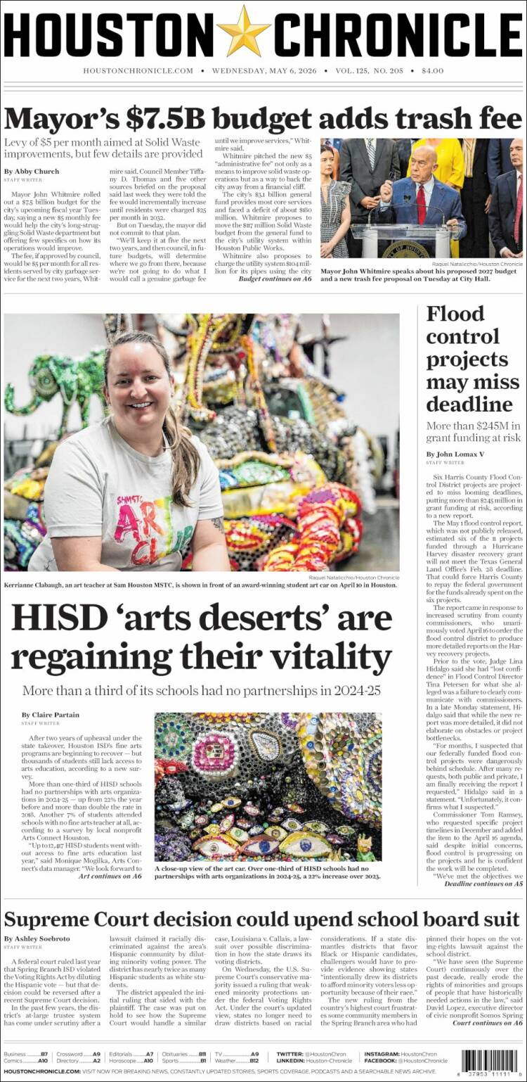 Portada de Houston Chronicle (USA)