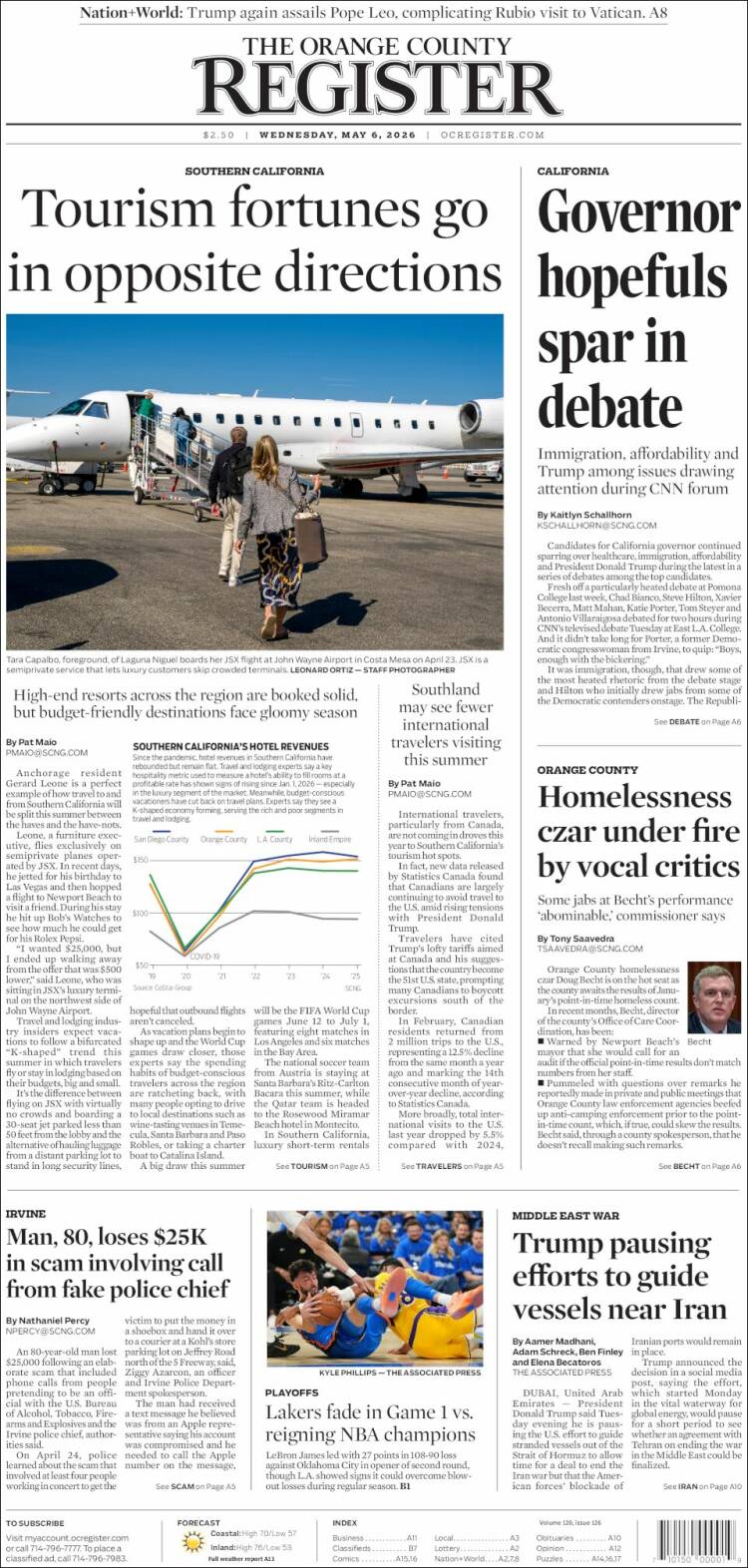 Portada de The Orange County Register (USA)