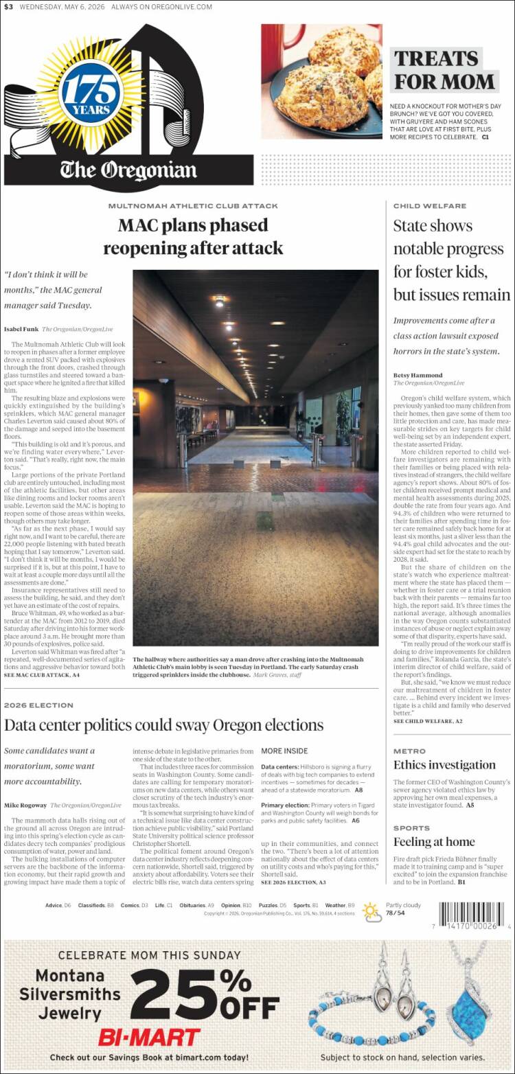 Portada de The Oregonian (USA)