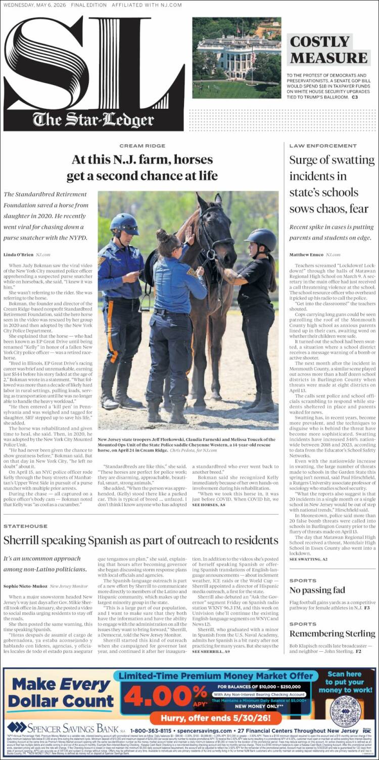 Portada de Star-Ledger (USA)