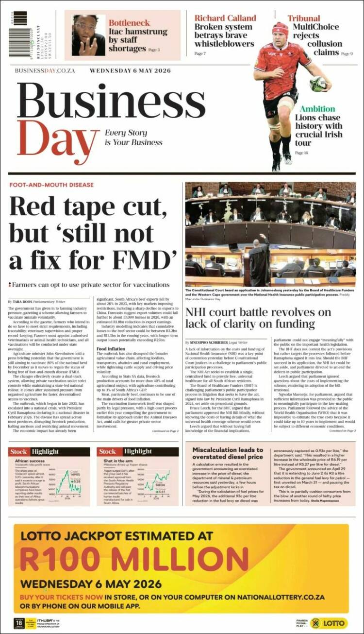 Portada de Business Day (Sud&aacute;frica)