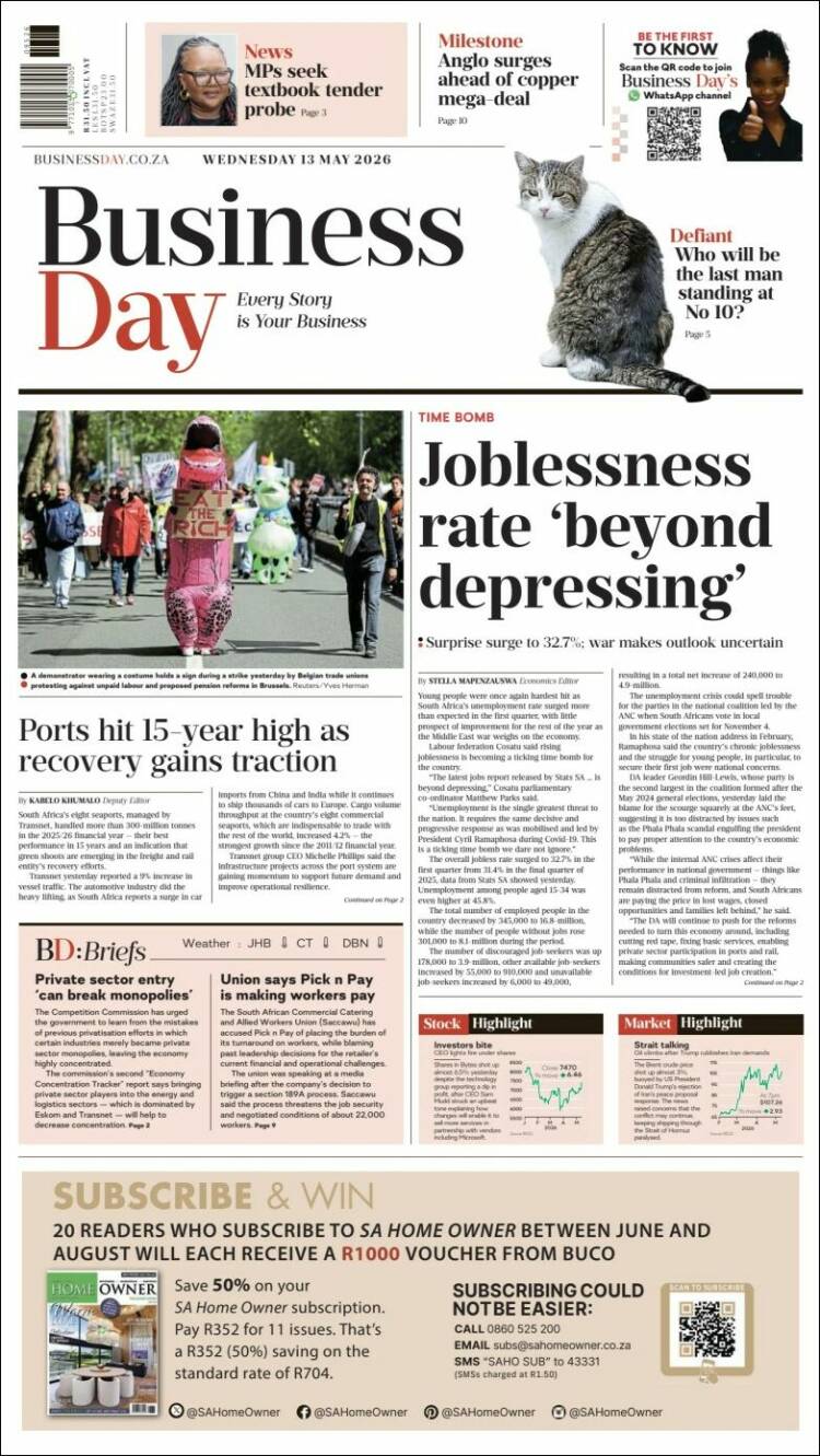Portada de Business Day (Afrique du Sud)