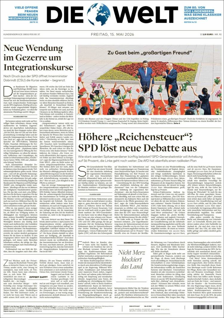 Portada de Die Welt (Alemania)