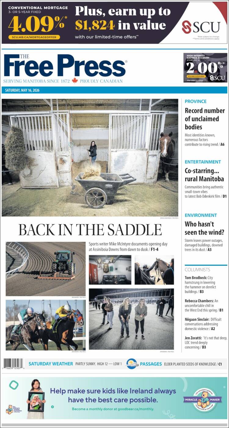 Portada de Winnipeg Free Press (Canad&aacute;)