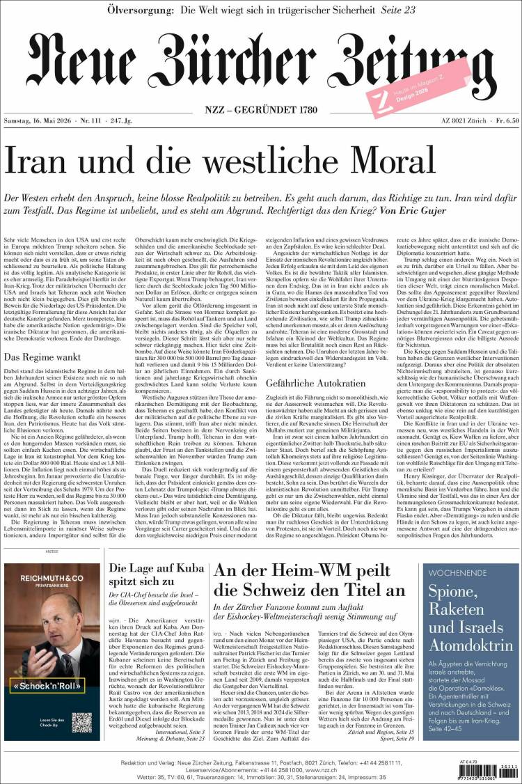 Portada de Neue Zürcher Zeitung (Suiza)