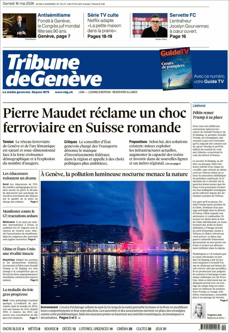 Portada de La Tribune de Genève (Suiza)