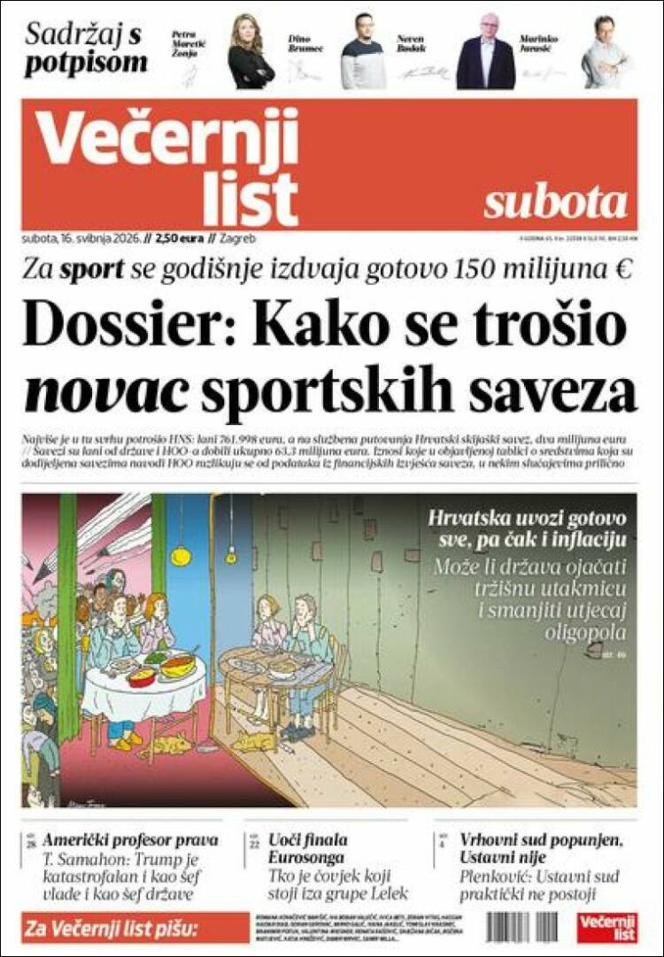 Portada de Večernji (Croacia)
