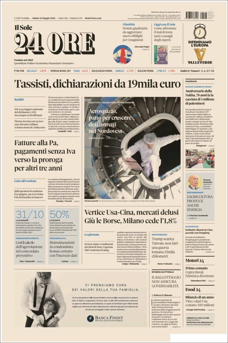 Portada de Il Sole 24 ORE (Italia)