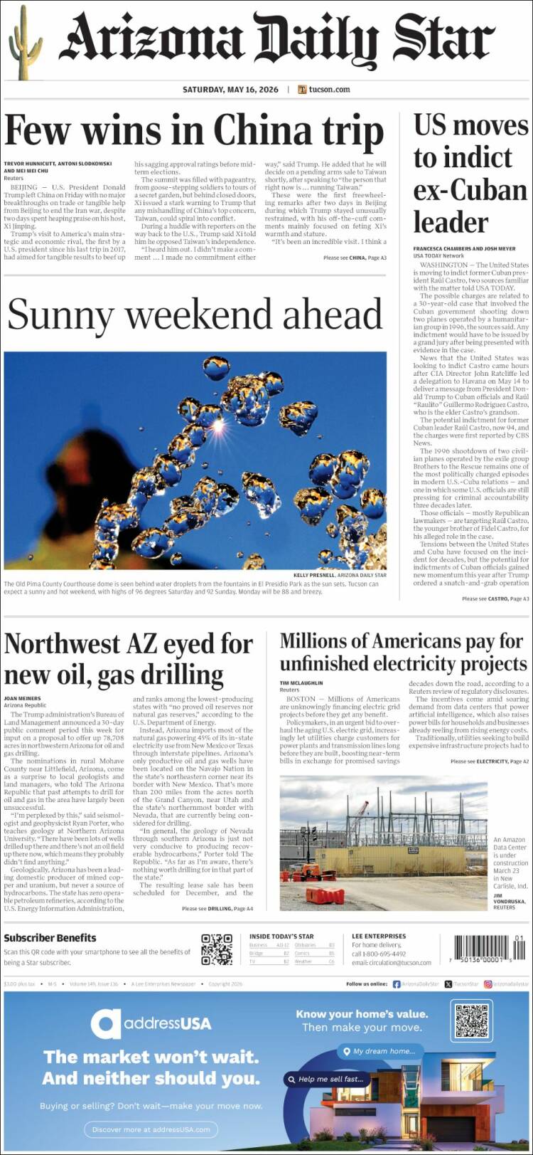 Portada de Arizona Daily Star (USA)