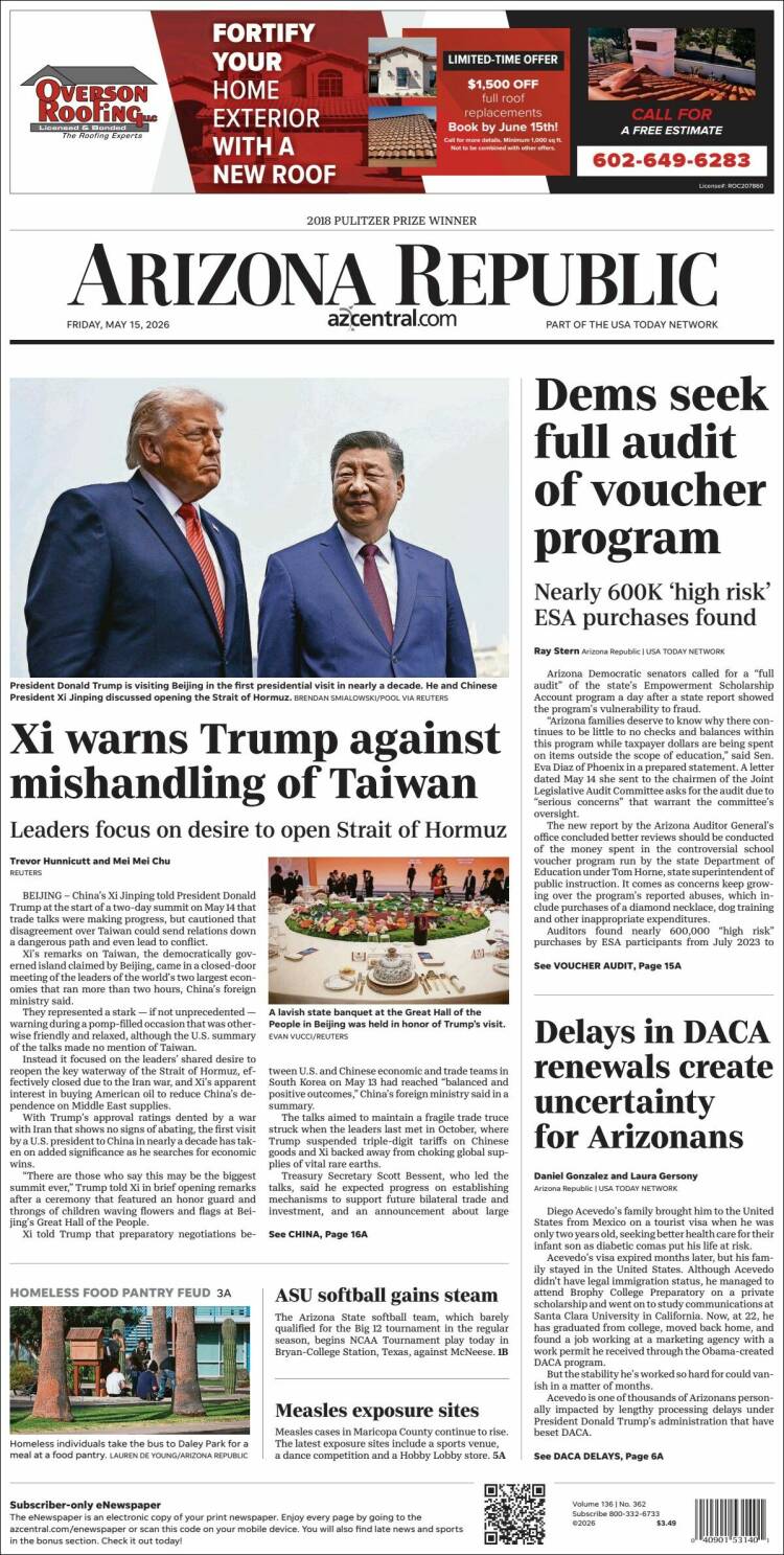 Portada de Arizona Republic News (USA)