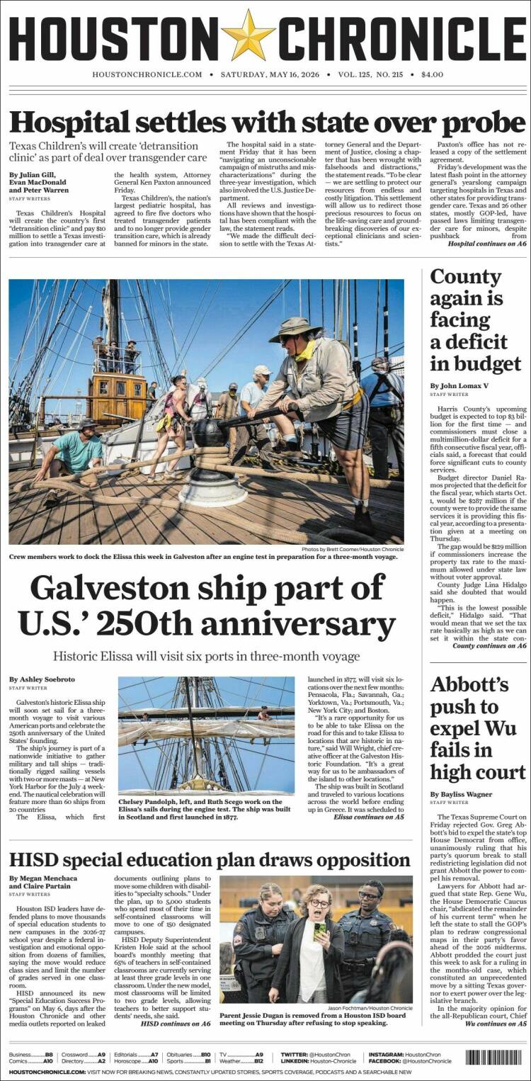 Portada de Houston Chronicle (USA)