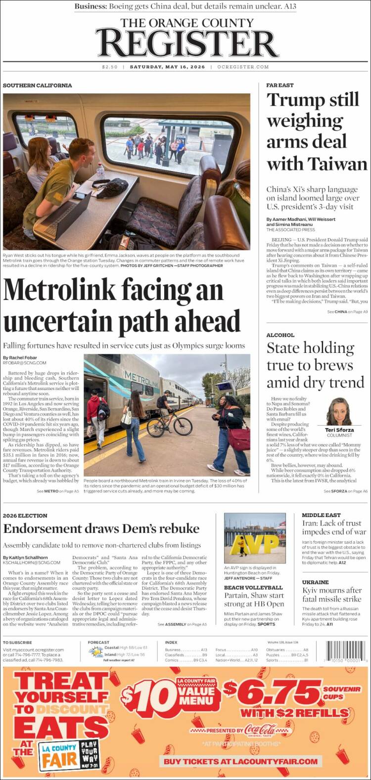 Portada de The Orange County Register (USA)