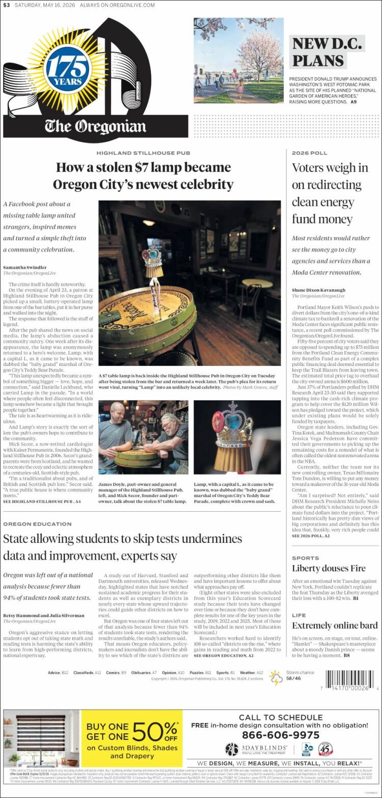 Portada de The Oregonian (USA)