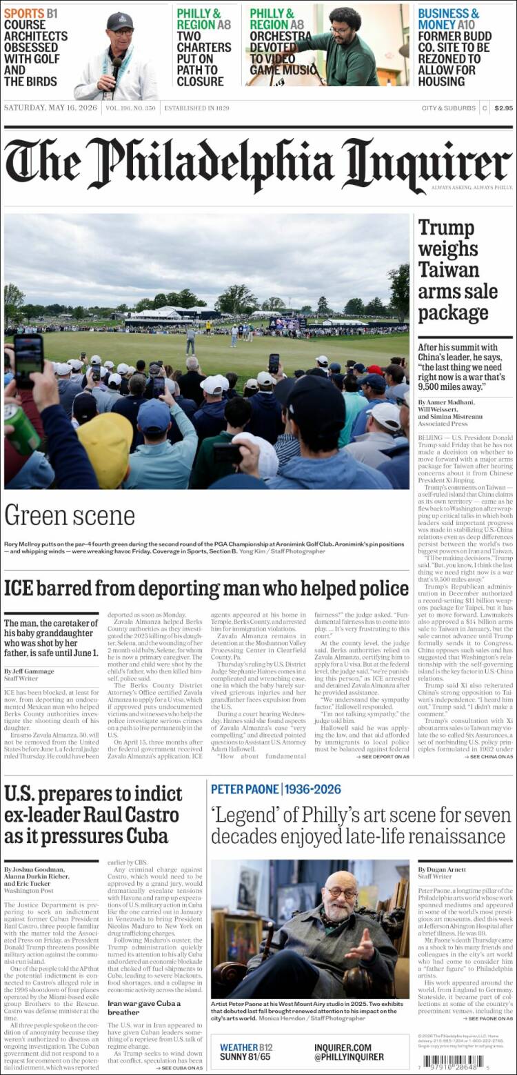 Portada de Philadelphia Inquirer (USA)