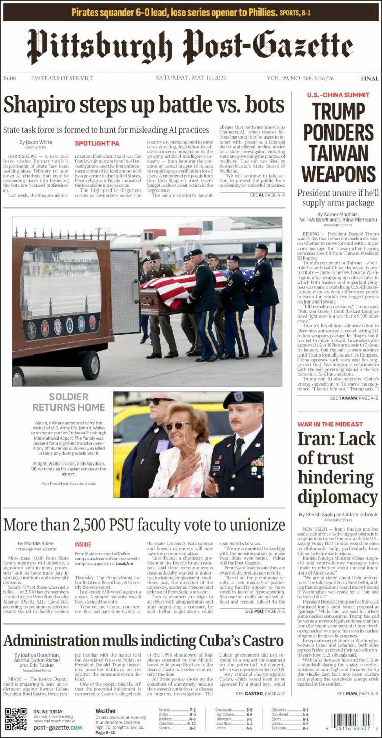 Portada de Pittsburgh Post-Gazette (USA)