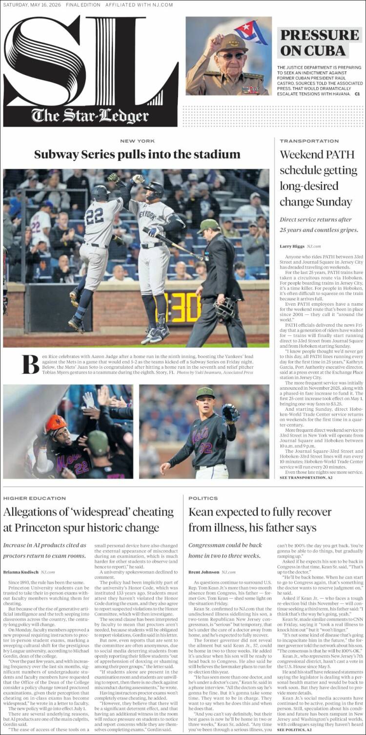Portada de Star-Ledger (USA)