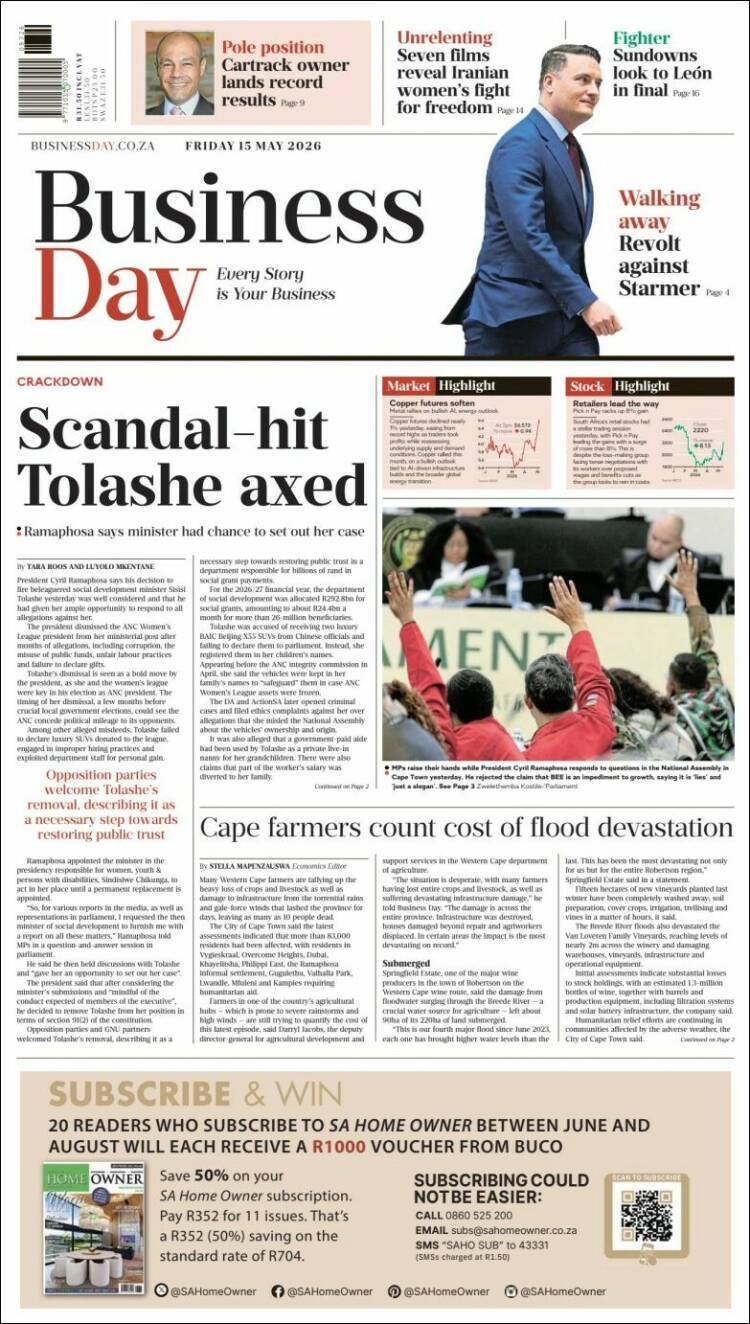 Portada de Business Day (Sud&aacute;frica)