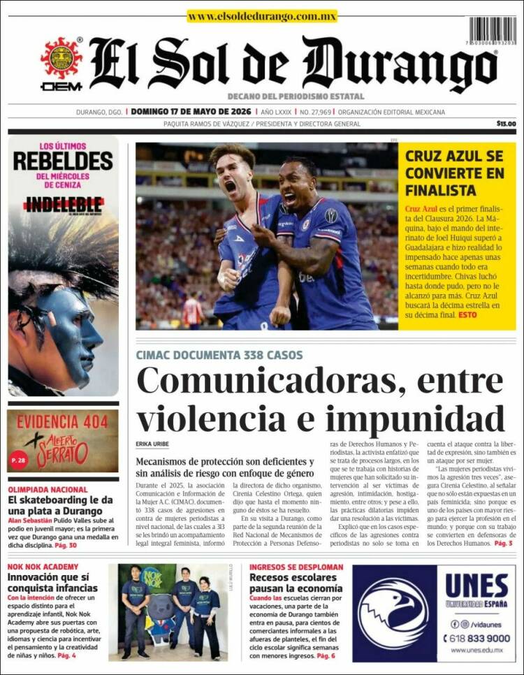 Portada de El Sol de Durango (M&eacute;xico)