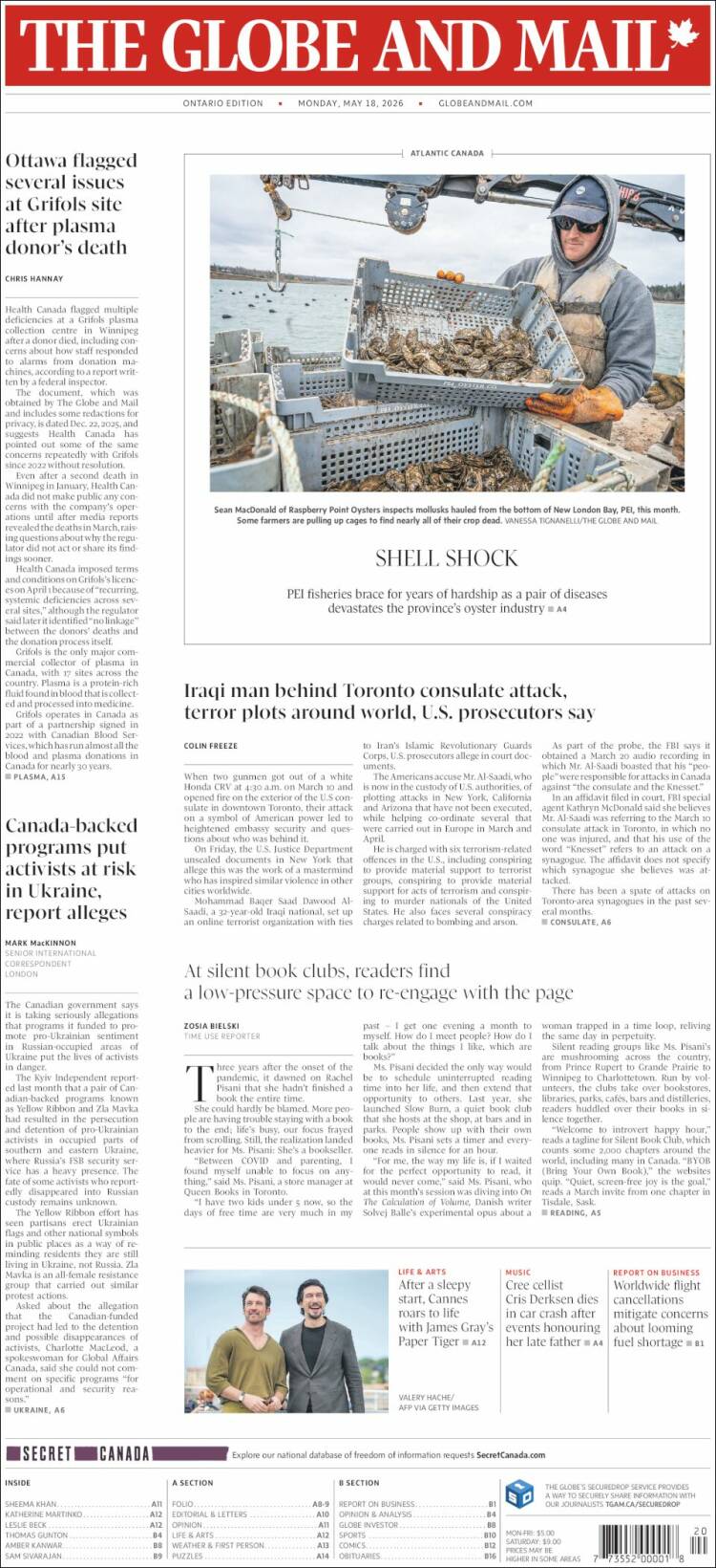 Portada de The Globe and Mail (Canad&aacute;)