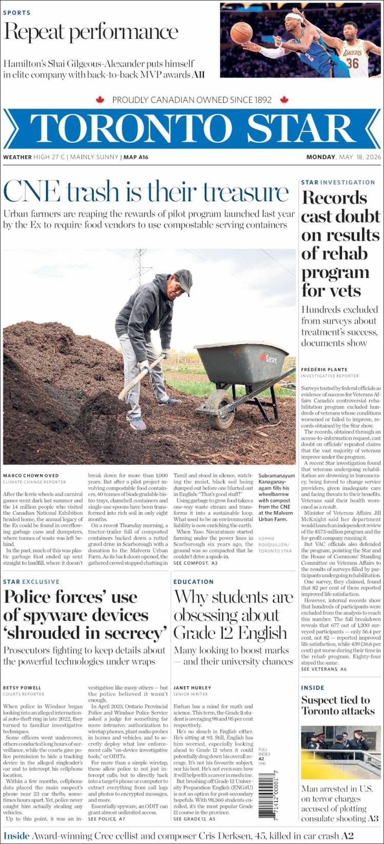 Portada de The Toronto Star (Canad&aacute;)
