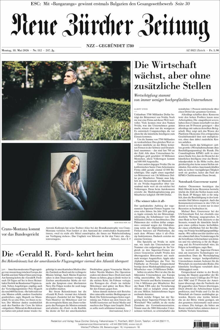 Portada de Neue Zürcher Zeitung (Suiza)