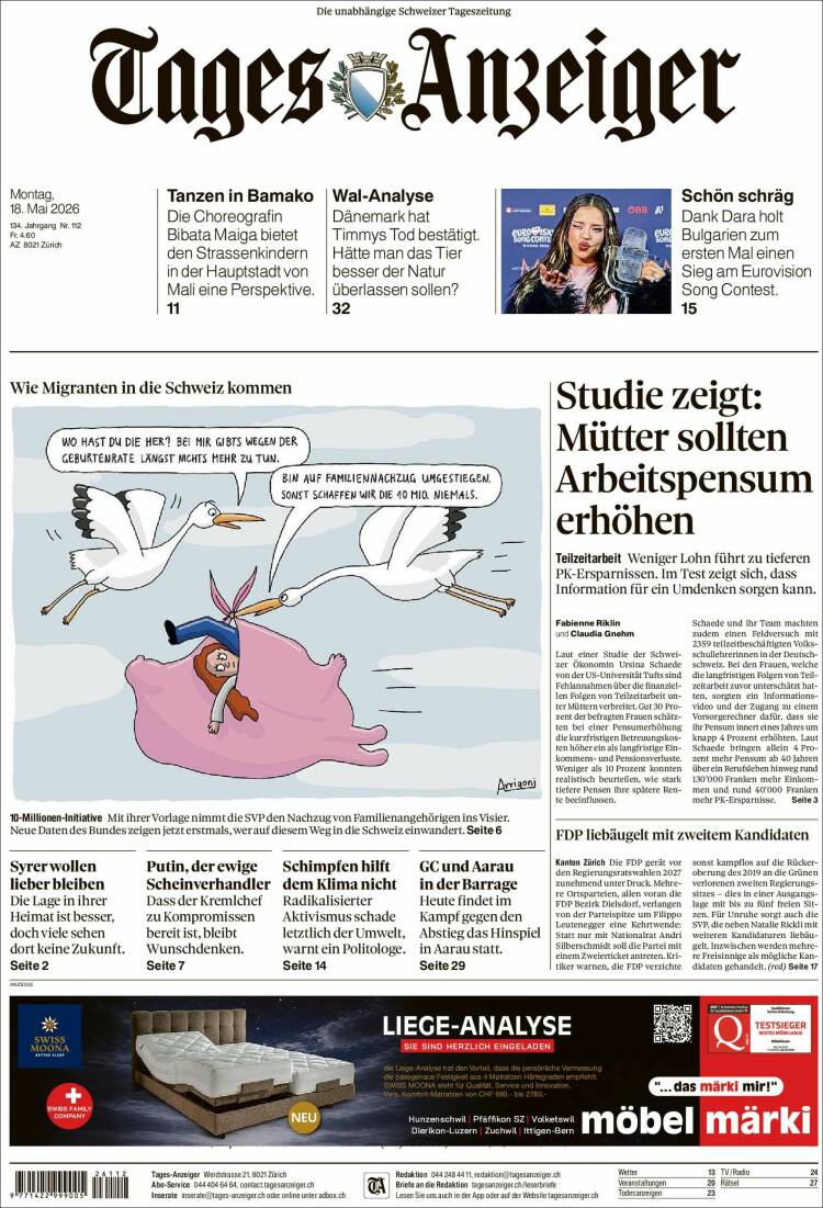 Portada de Tages-Anzeiger (Suiza)