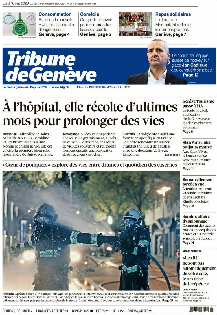 Portada de La Tribune de Genève (Suiza)