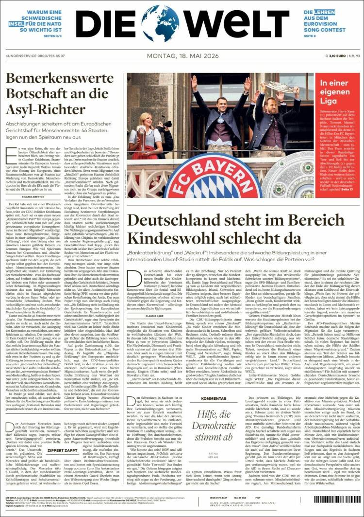 Portada de Die Welt (Alemania)