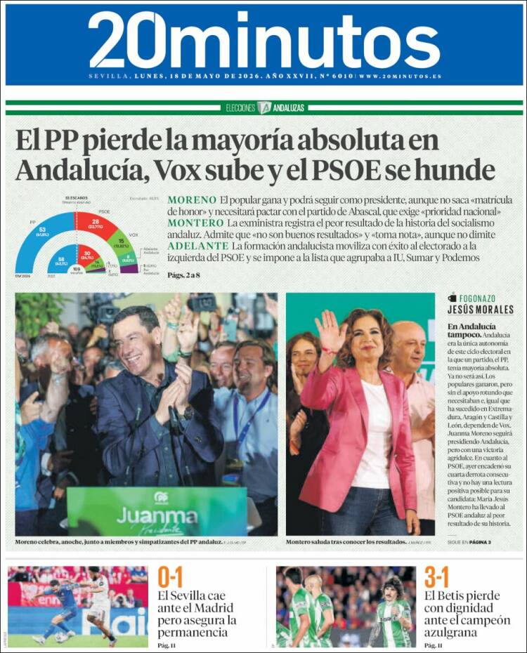 Portada de 20 Minutos - Sevilla (Espa&ntilde;a)