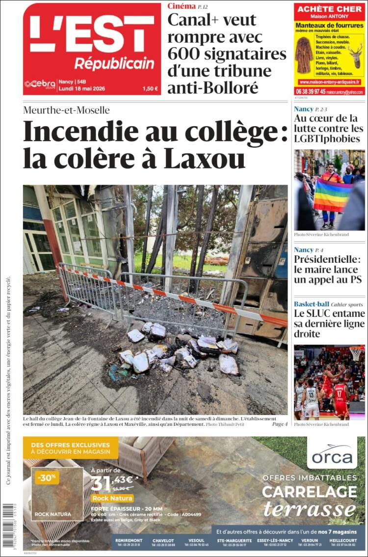 Portada de L'Est Republicain (Francia)