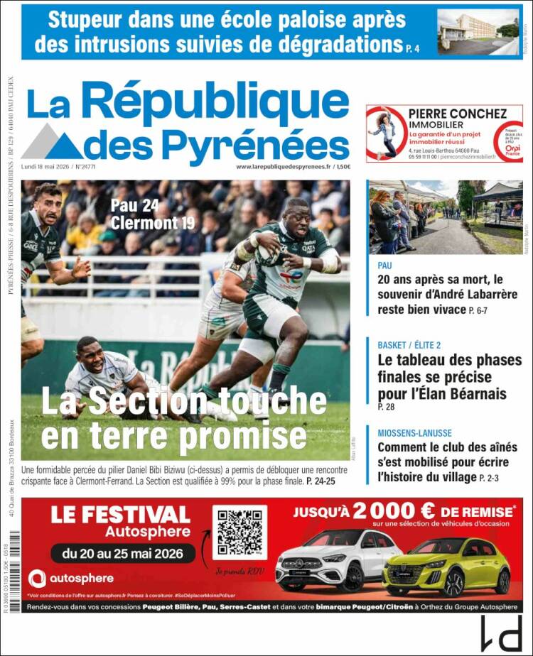 Portada de La République des Pyrénées (Francia)