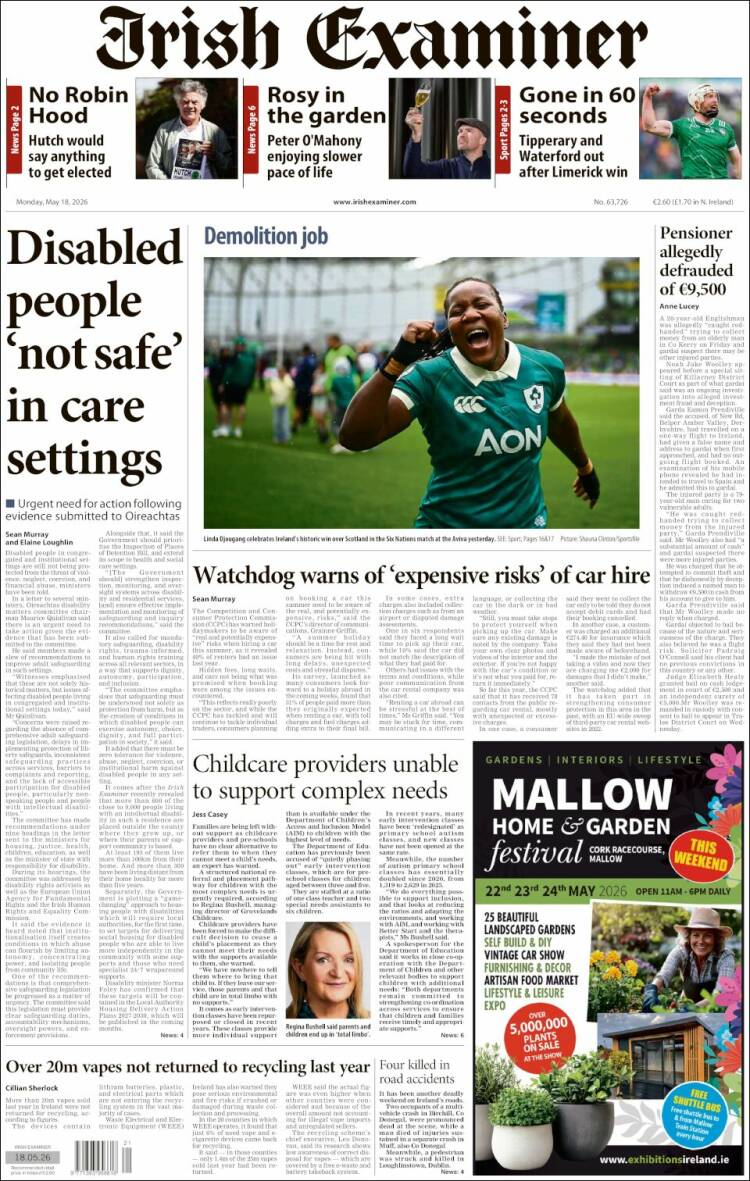 Portada de Irish Examiner (Irlanda)