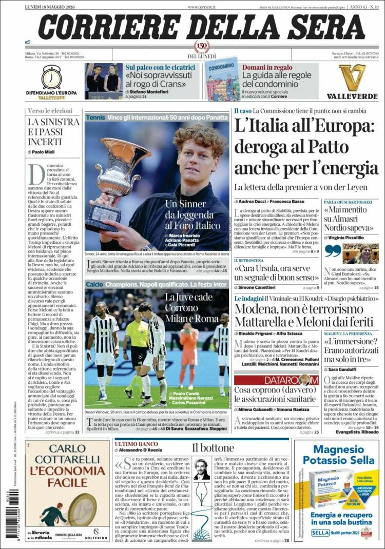Portada de Corriere della Sera (Italia)