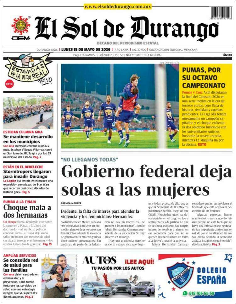 Portada de El Sol de Durango (M&eacute;xico)