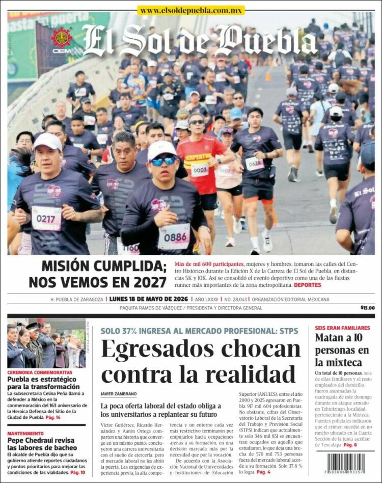 Portada de El Sol de Puebla (M&eacute;xico)